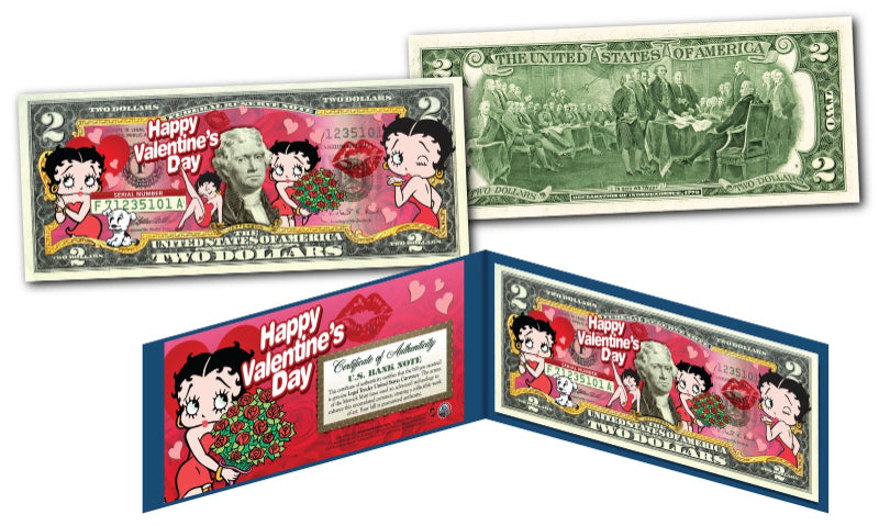 BETTY BOOP * FELIZ DÍA DE SAN VALENTÍN * Billete de 2 dólares estadounidenses de curso legal genuino con licencia