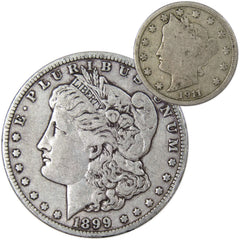 1899 O Morgan Dollar VF Very Fine 90% Silver with 1911 Liberty Nickel G Good-1