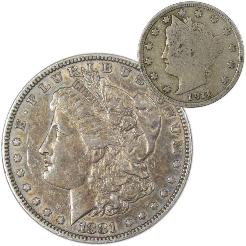 1881 Morgan Dollar VF Very Fine 90% Silver Coin with 1911 Liberty Nickel G Good