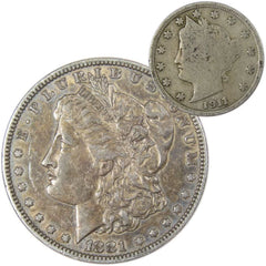 1881 Morgan Dollar VF Very Fine 90% Silver Coin with 1911 Liberty Nickel G Good-1