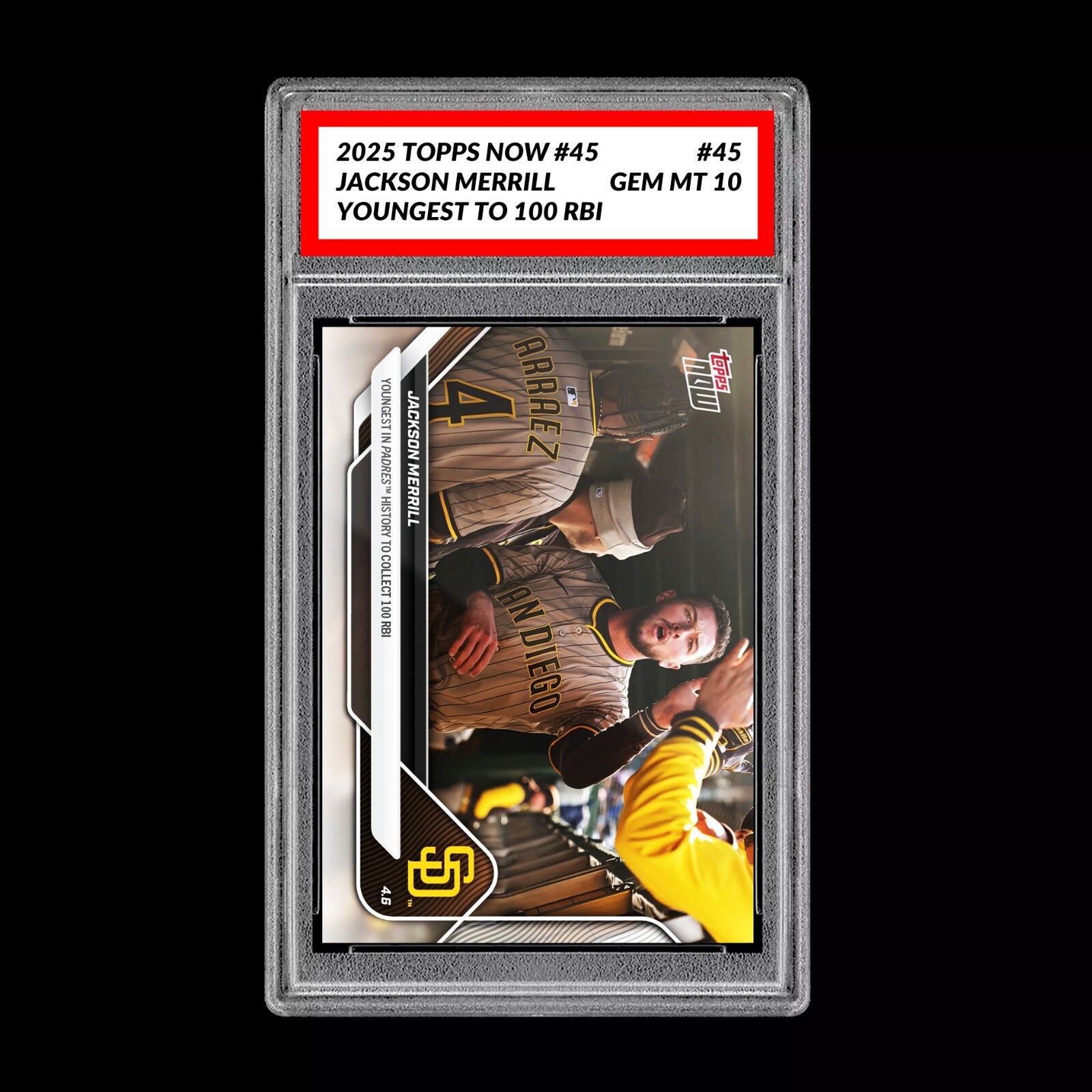 Graded 10 Jackson Merrill 2025 MLB Topps NOW Card 45 - RBI RECORD