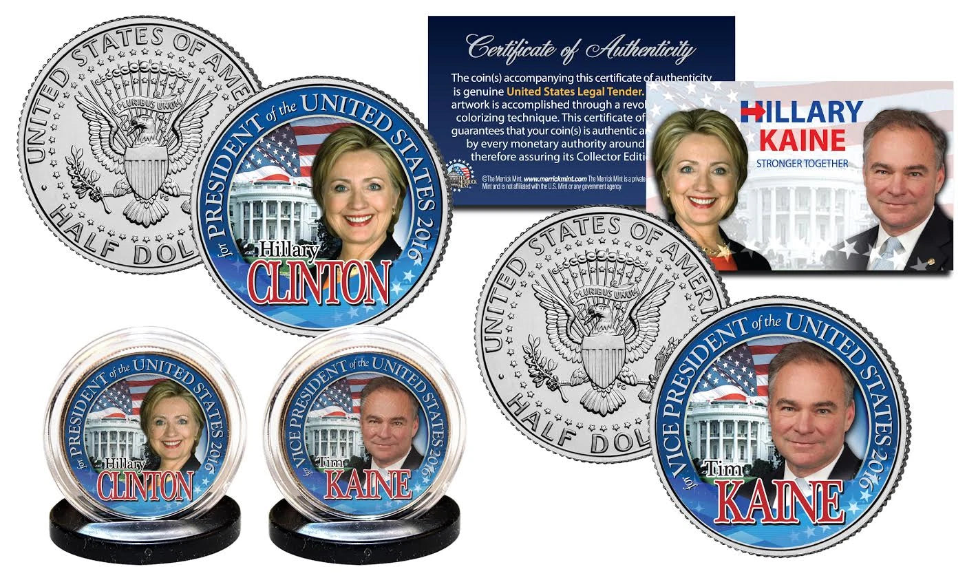 HILLARY CLINTON Pres & TIM KAINE VP 2016 President Race U.S. JFK 2-Coin Set-1