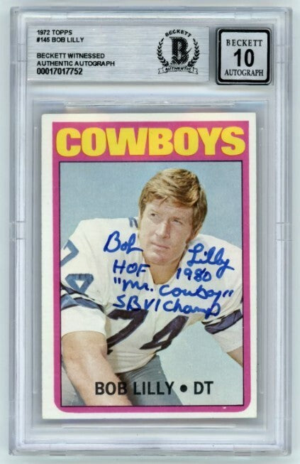 Bob Lilly 1972 Topps #145 Signed w/ 3 Ins Beckett BAS BGS 10 Auto Cowboys