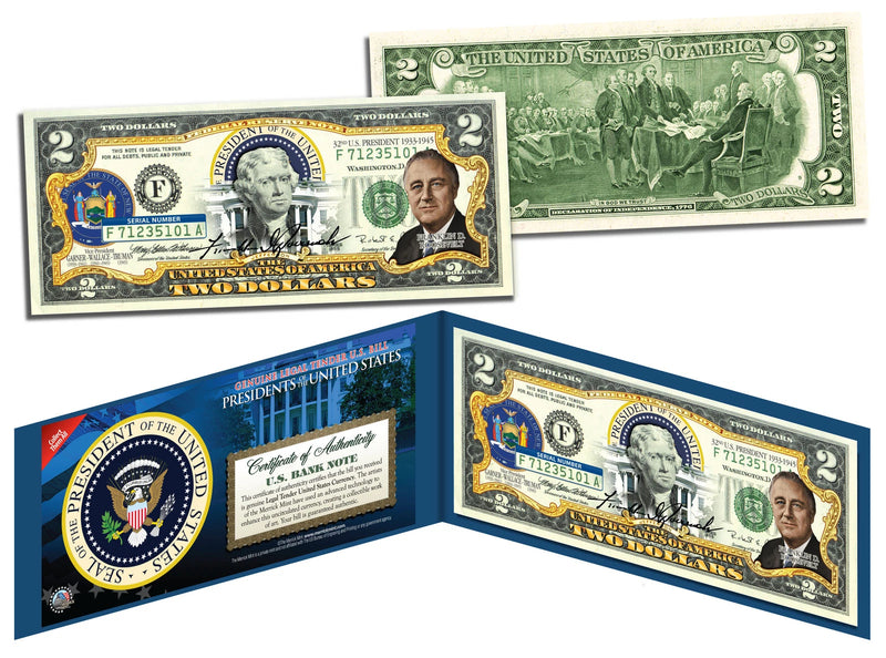 FRANKLIN D ROOSEVELT * President 1933-1945 * Colorized $2 Bill US Legal Tender-2