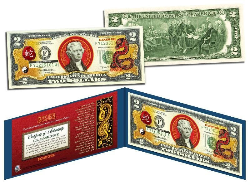 Zodíaco chino * AÑO DE LA SERPIENTE * Billete de 2 dólares coloreado Dinero de la suerte de EE. UU. Nuevo Lunar-1