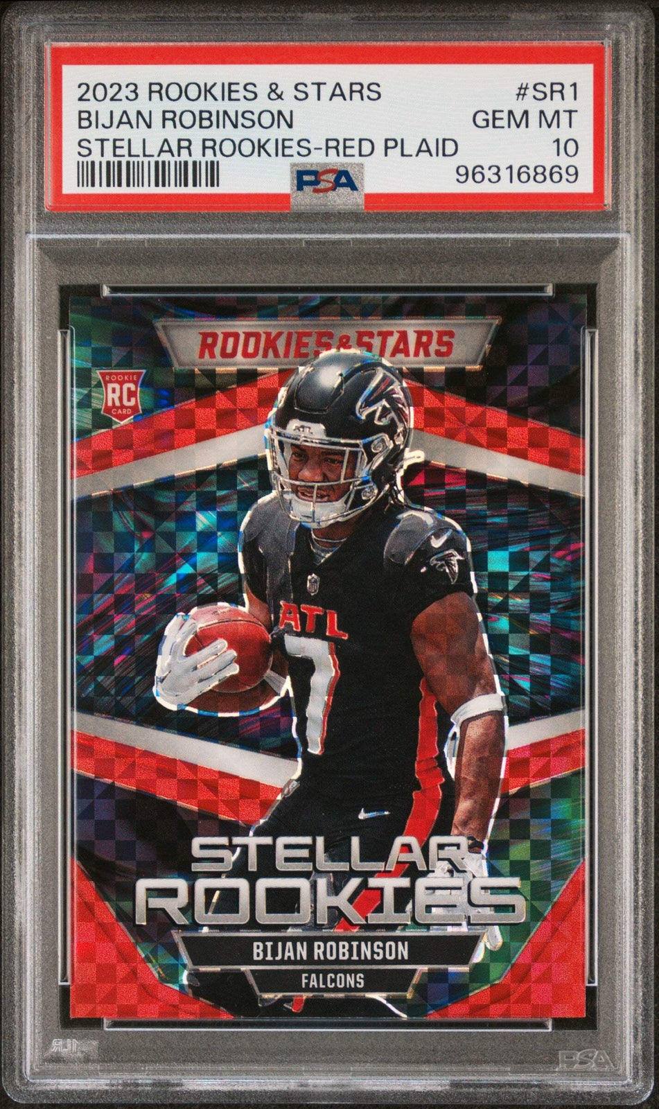 Graded 2023 Panini R&S Bijan Robinson #SR1 Red Plaid RC Football Card PSA 10-1