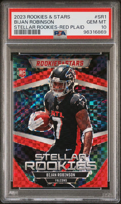 Graded 2023 Panini R&S Bijan Robinson #SR1 Red Plaid RC Football Card PSA 10-1