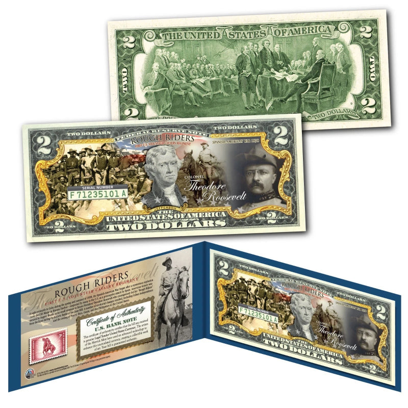 ROUGH RIDERS Theodore Roosevelt U.S. ARMY War Genuine Legal Tender $2 U.S. Bill-2
