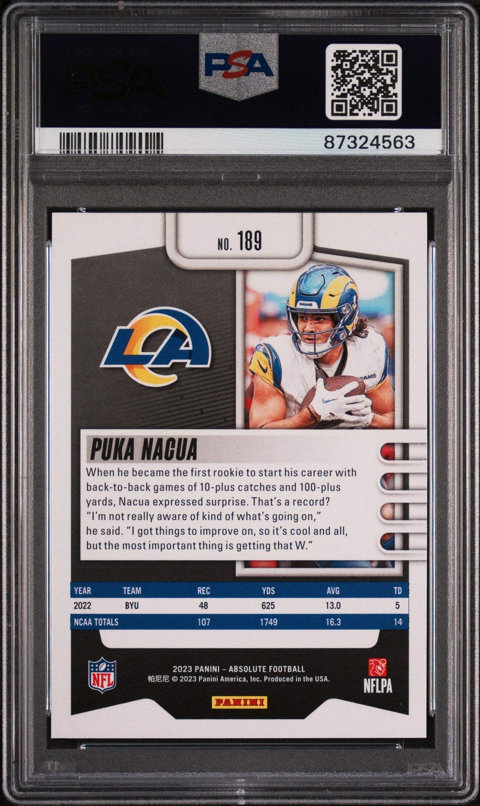 Graded 2023 Panini Absolute Puka Nacua #189 Rookie RC Football Card PSA 10 Gem-2