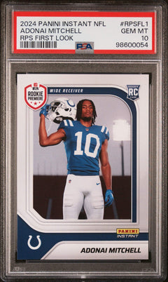 Graded 2024 Panini Instant NFL Adonai Mitchell #RPSFL1 RC Football Card PSA 10-1