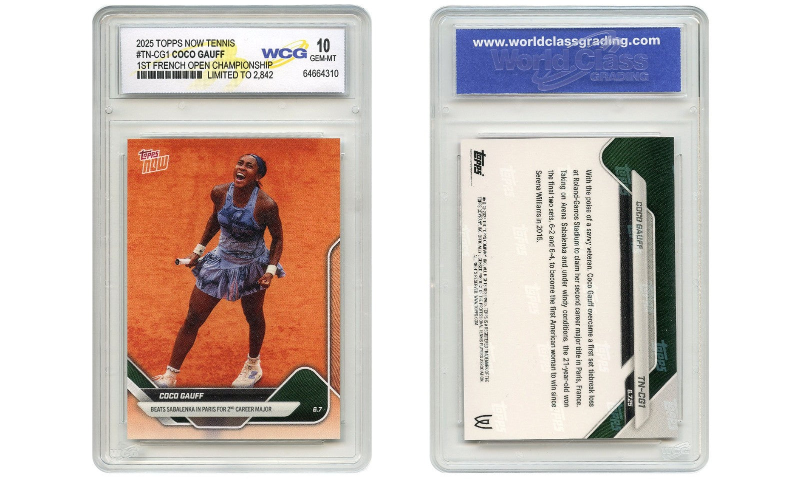 2025 Topps Tennis COCO GAUFF 1st French Open Championship Card #TN-CG1 - GEM 10-1
