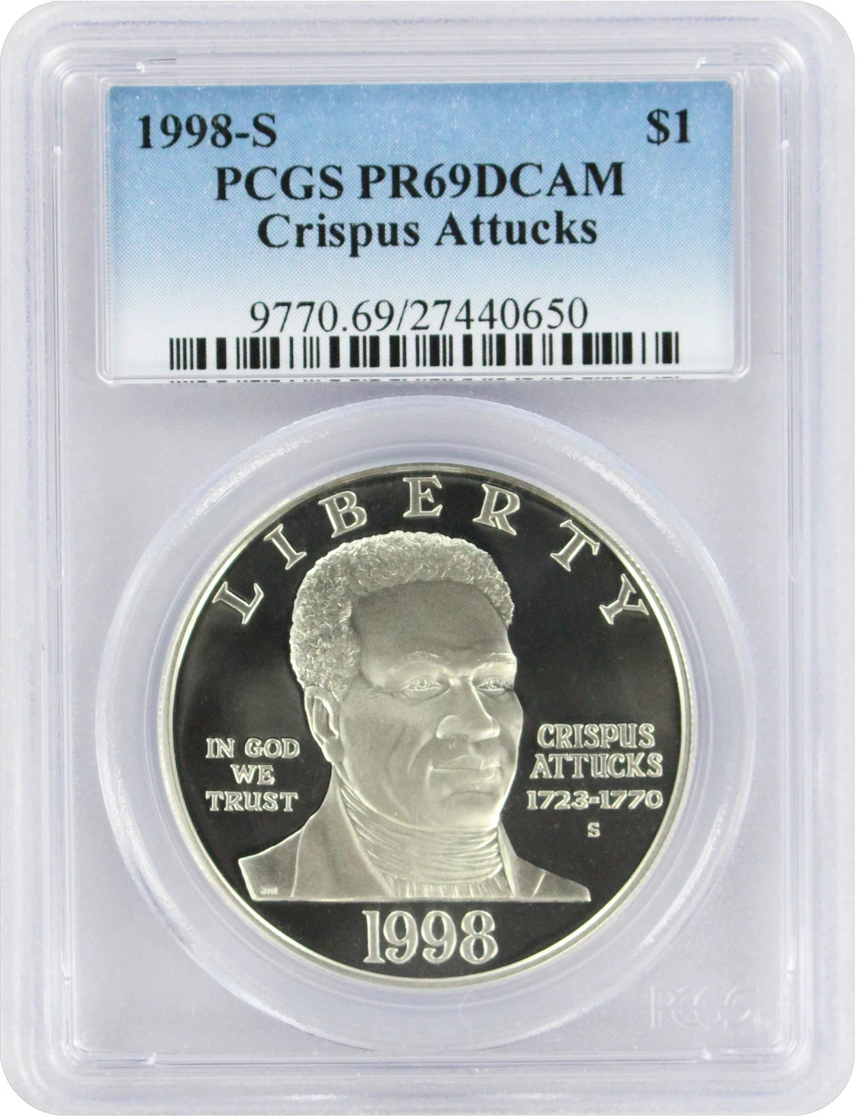 1998-S Black Patriot Crispus Attucks Silver Commemorative Dollar PR69DCAM PCGS