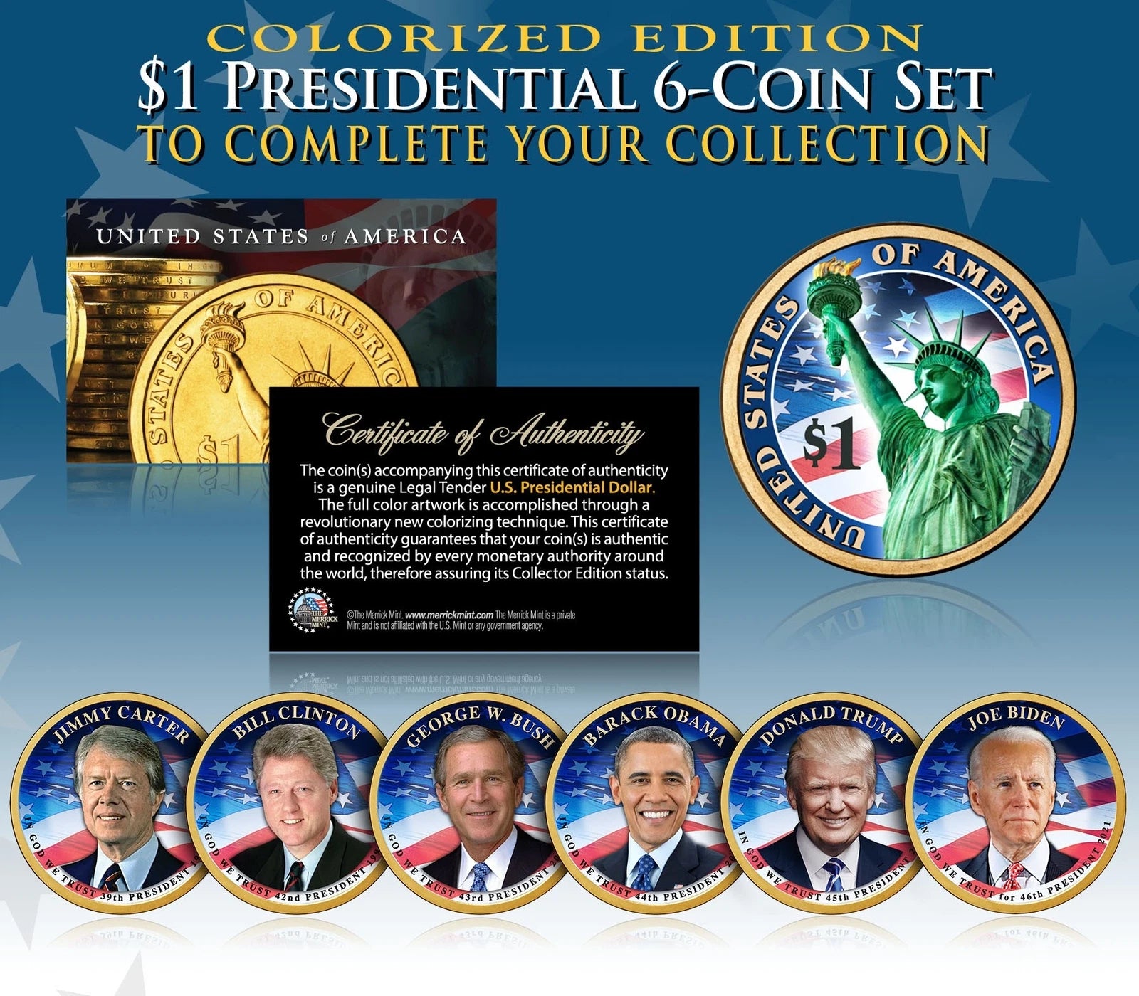 LIVING PRESIDENTS 2020-21 Presidential $1 US Dollar COLORIZED 2-SIDED 6-Coin Set-1
