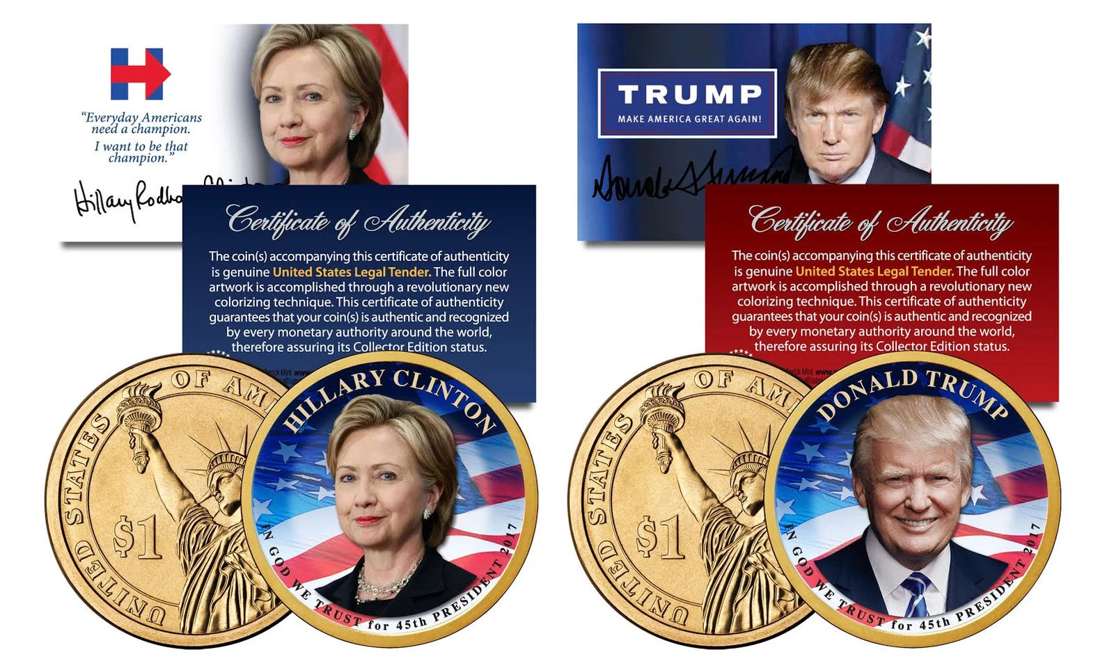Donald TRUMP & Hillary CLINTON 2016 Presidential Golden $1 Dollar US 2-Coin Set-1