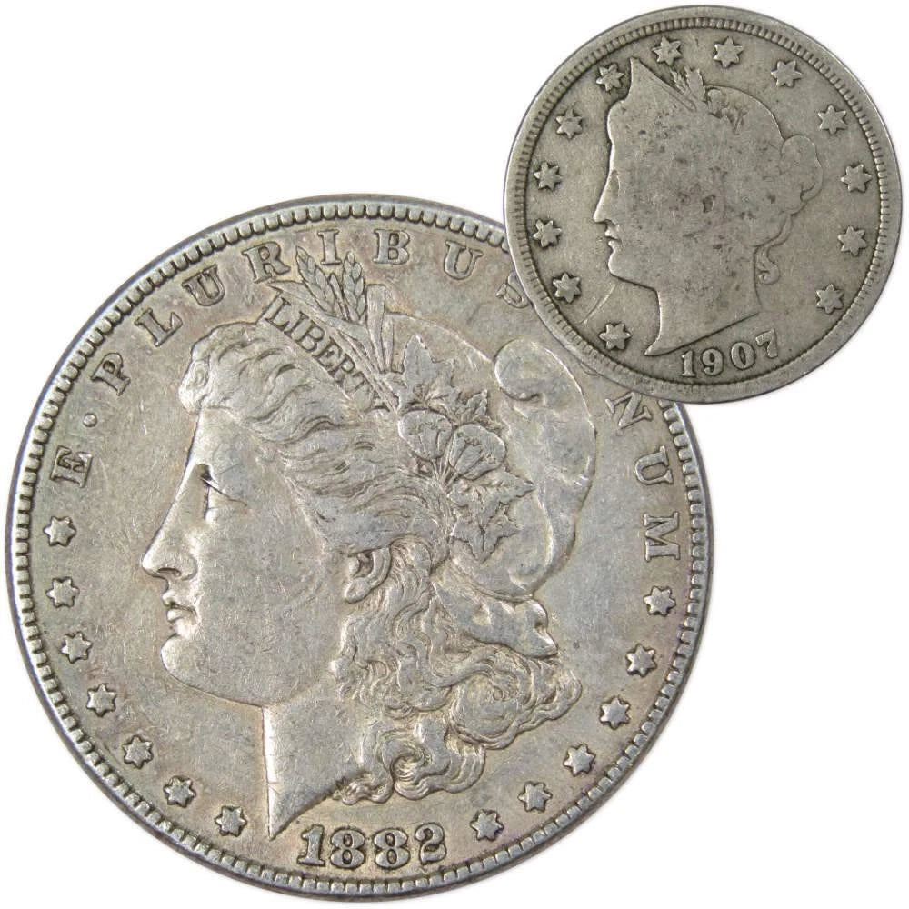 1882 Morgan Dollar VF Very Fine 90% Silver Coin with 1907 Liberty Nickel G Good