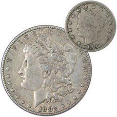 1882 Morgan Dollar VF Very Fine 90% Silver Coin with 1907 Liberty Nickel G Good-1