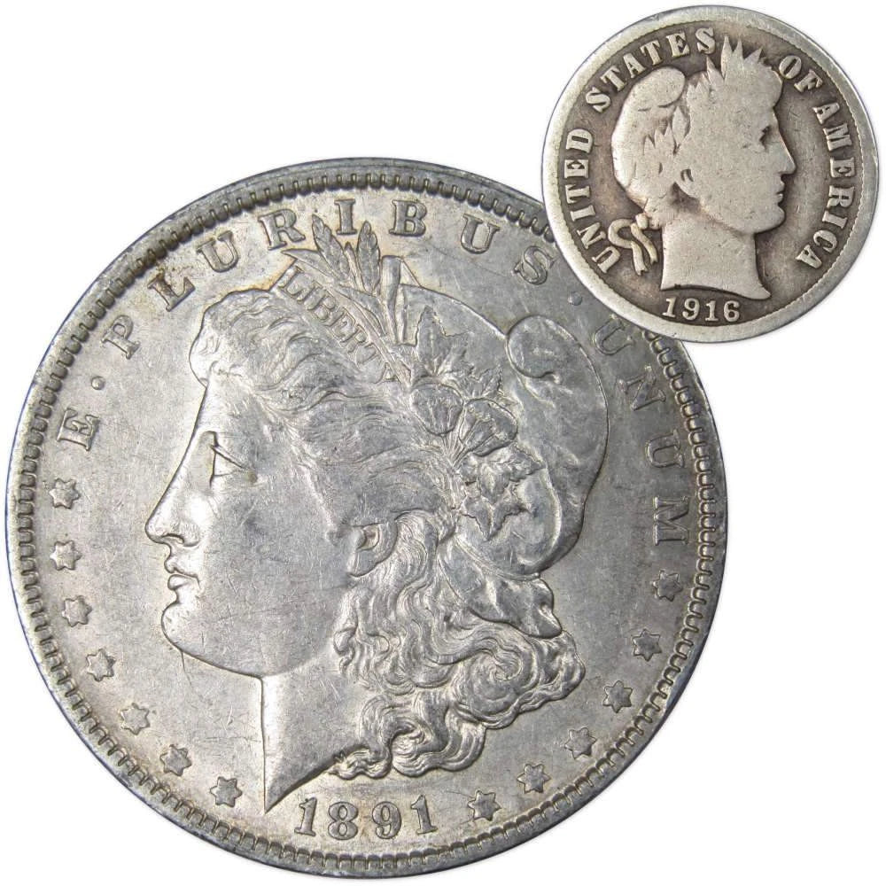 1891 O Morgan Dollar XF EF Extremely Fine with 1916 Barber Dime G Good-1