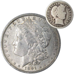 1891 O Morgan Dollar XF EF Extremely Fine with 1916 Barber Dime G Good-1
