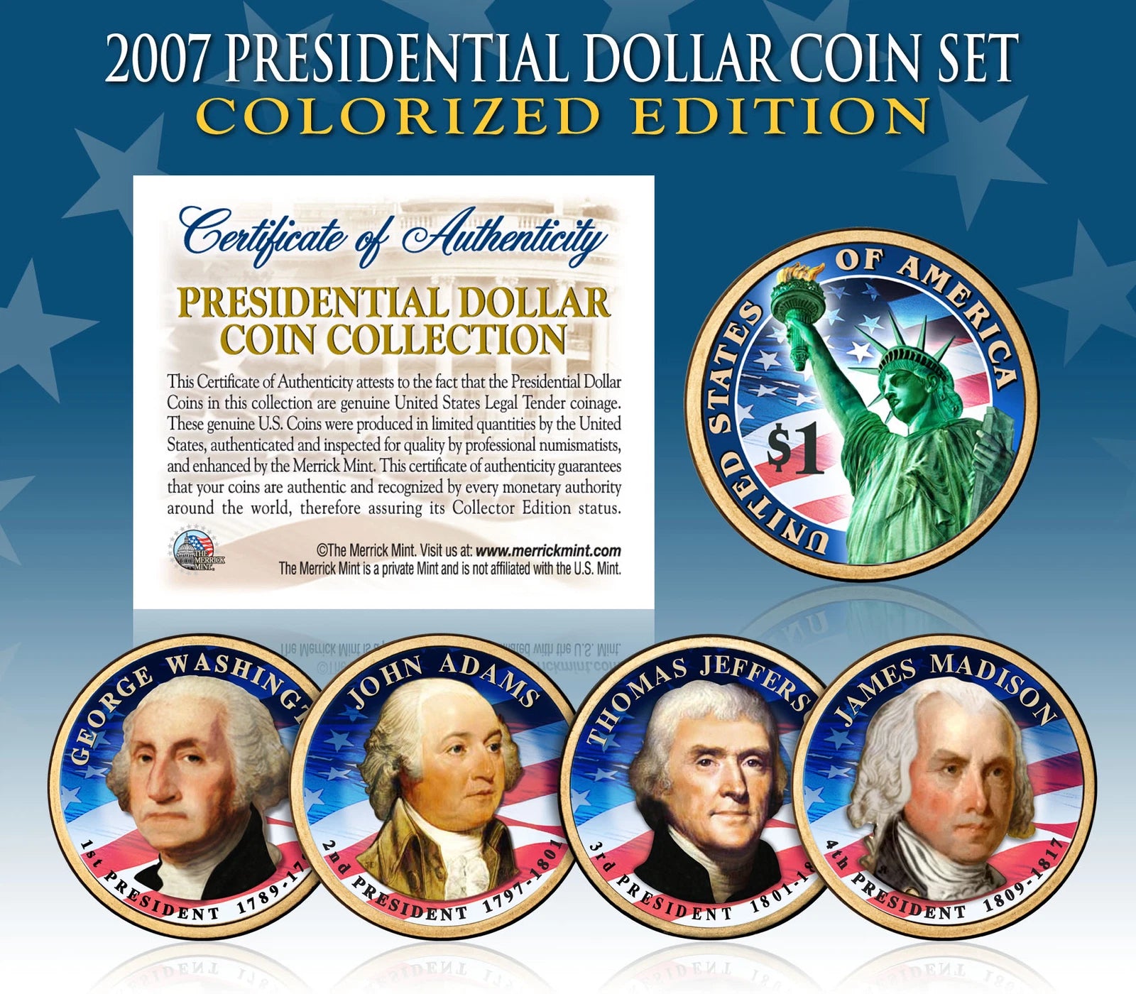 2007 Presidential $1 Dollar COLORIZED President 4-Coin Complete Set w/Capsules-1