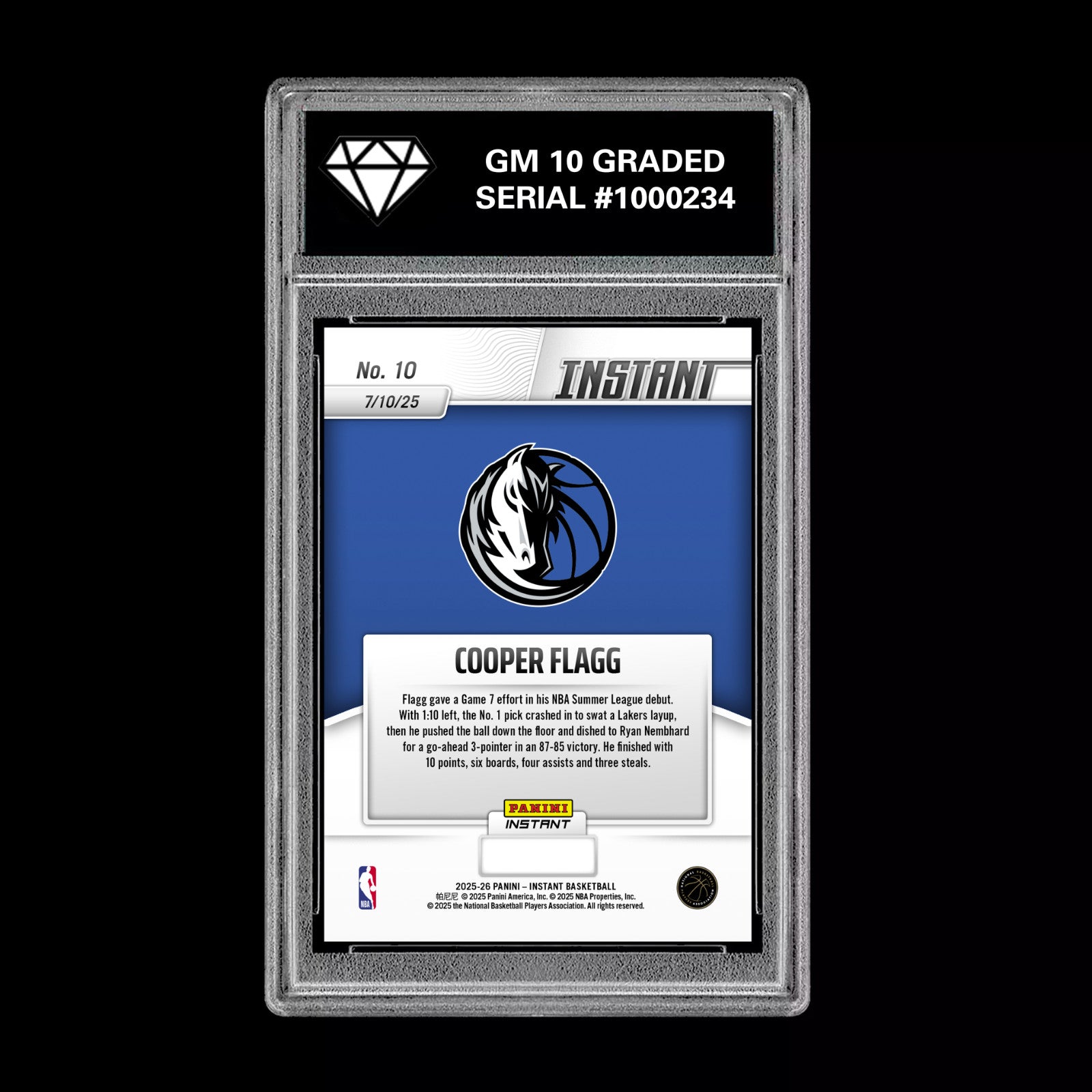 Graded 10 Cooper Flagg 2025 Panini Instant #10 RC Dallas DEBUT Mavs Rookie Card