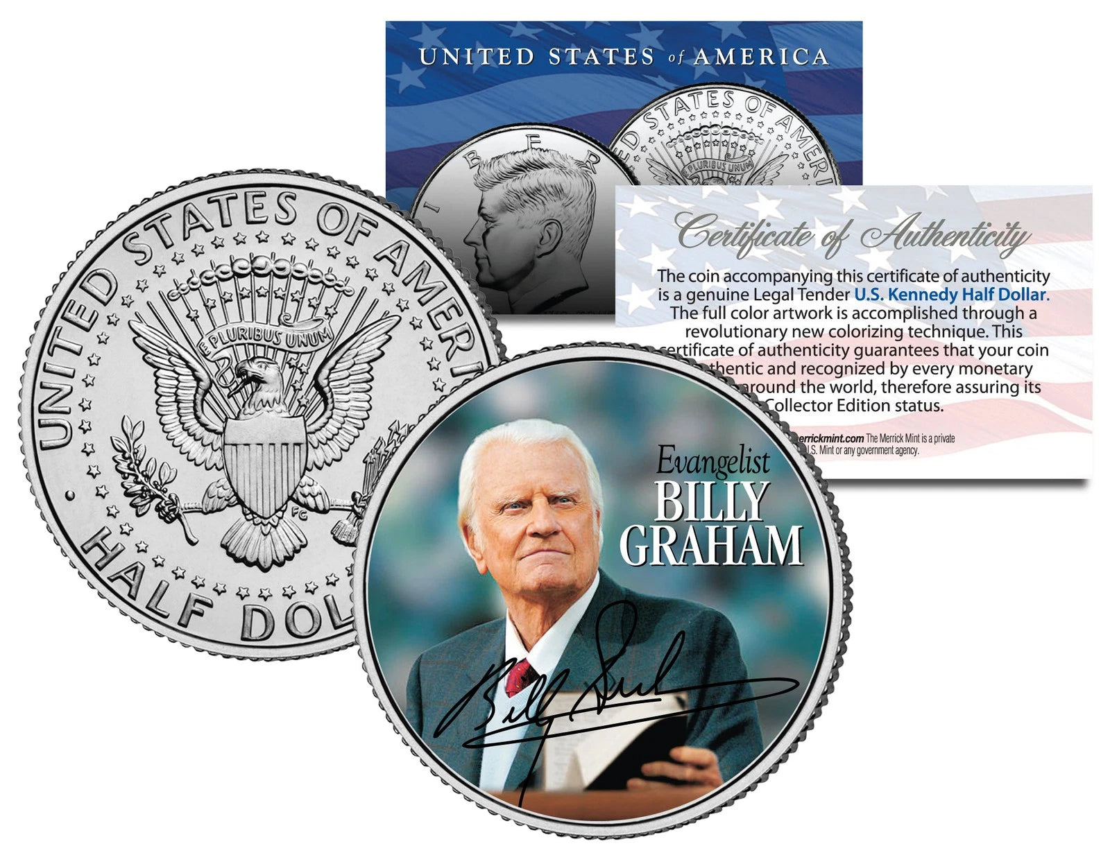 Rev. BILLY GRAHAM * Evangelical Preacher * JFK Kennedy Half Dollar U.S. Coin-1