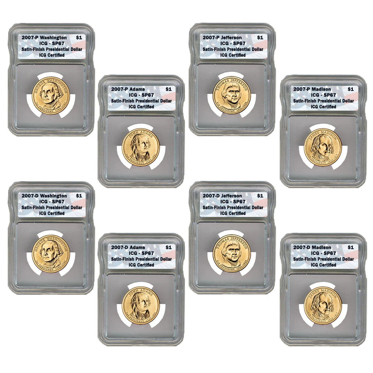 2007 P+D Presidential Dollar Satin Finish SP67 8 coin Set-1