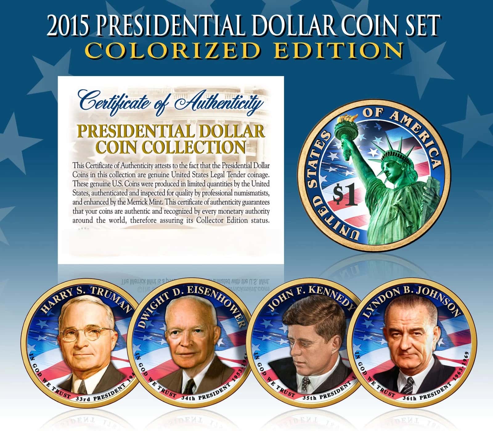 2015 Presidential $1 Dollar COLORIZED President 4-Coin Complete Set w/Capsules-1