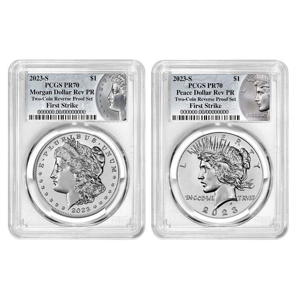 Juego de 2 monedas Morgan y Peace Dollar de $1 con reverso a prueba 2023-S PCGS PR70 FS Morgan-3