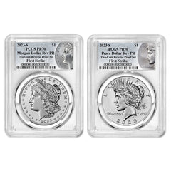 Juego de 2 monedas Morgan y Peace Dollar de $1 con reverso a prueba 2023-S PCGS PR70 FS Morgan-3