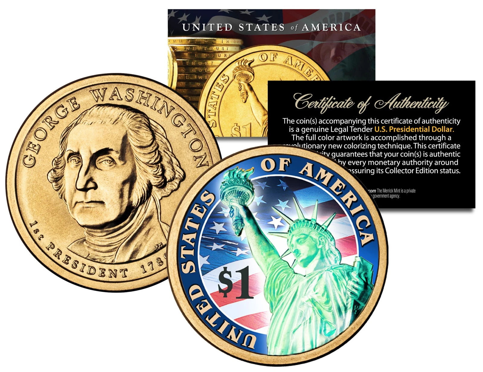 COLORIZED 2007 Washington Presidential $1 Dollar US President Coin with HOLOGRAM-1