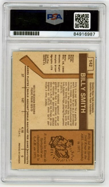 Billy Smith 1973-74 O-Pee-Chee OPC Rookie RC #142 Signed PSA 10 Auto w/ 4 Insc B