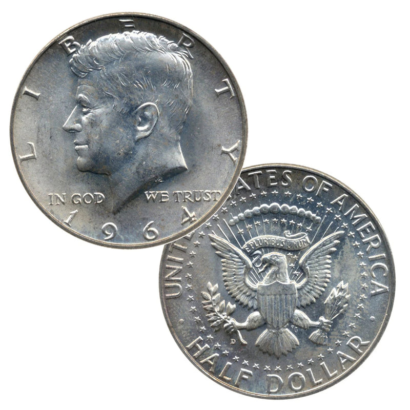 Juego de 2 monedas de medio dólar John F. Kennedy JFK de plata al 90 % de 1964, en muy buen estado de circulación.-4