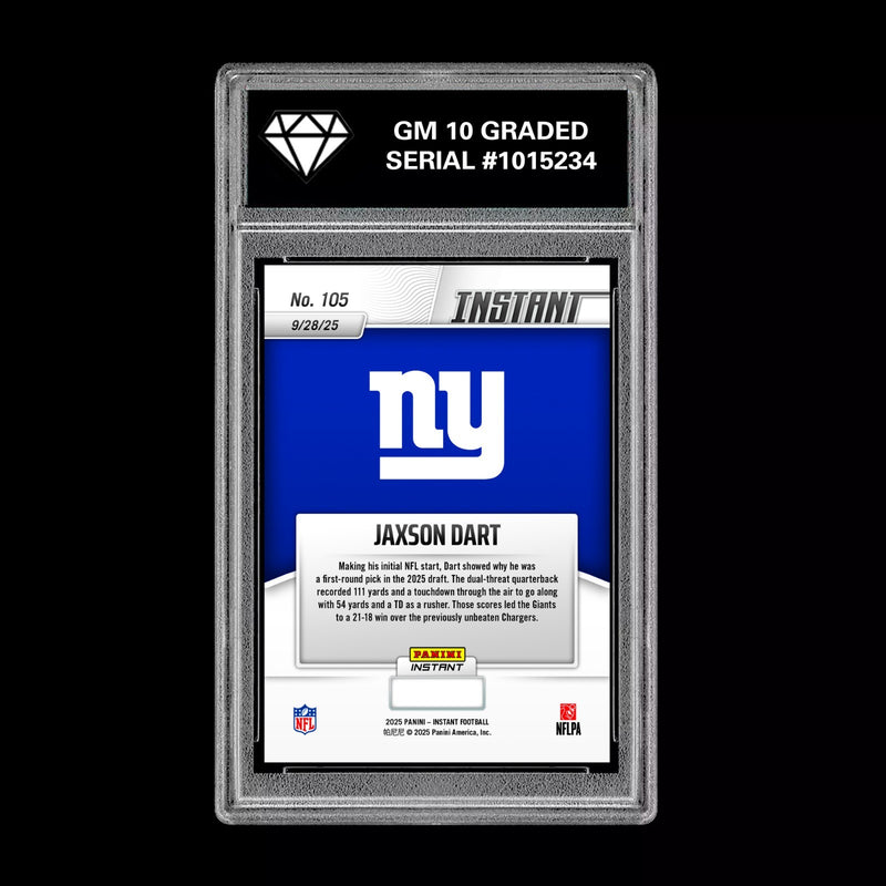 Graded 10 Jaxson Dart RC ROOKIE SP 2025 Panini Instant NFL #105 NY Giants QB-2