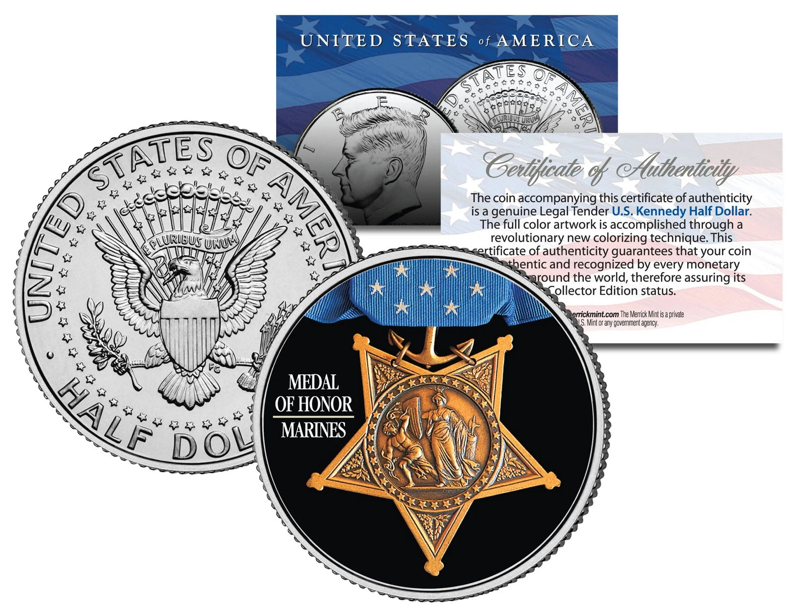 MARINES MEDAL OF HONOR Colorized JFK Kennedy Half Dollar US Coin MILITARY VALOR