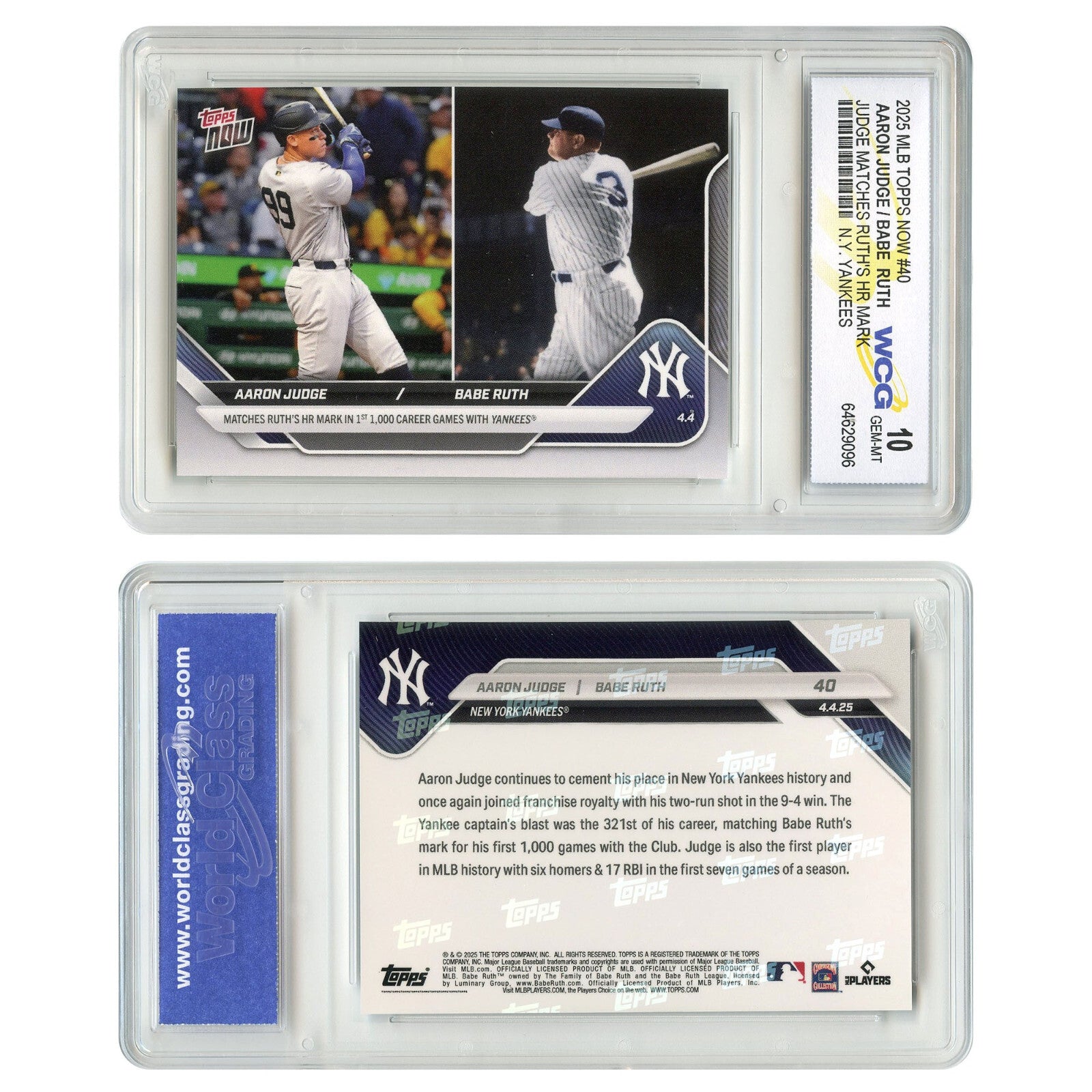 2025 Topps Now AARON JUDGE / BABE RUTH Yankees HR Record Card #40 - GEM MINT 10
