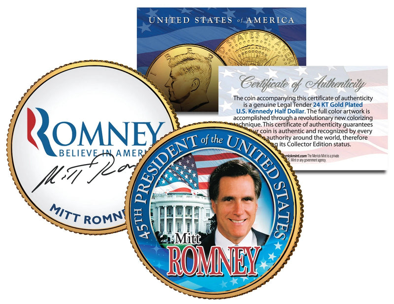 President MITT ROMNEY 24K Gold Plated JFK Half Dollar Colorized Coin RARE PROMO-1