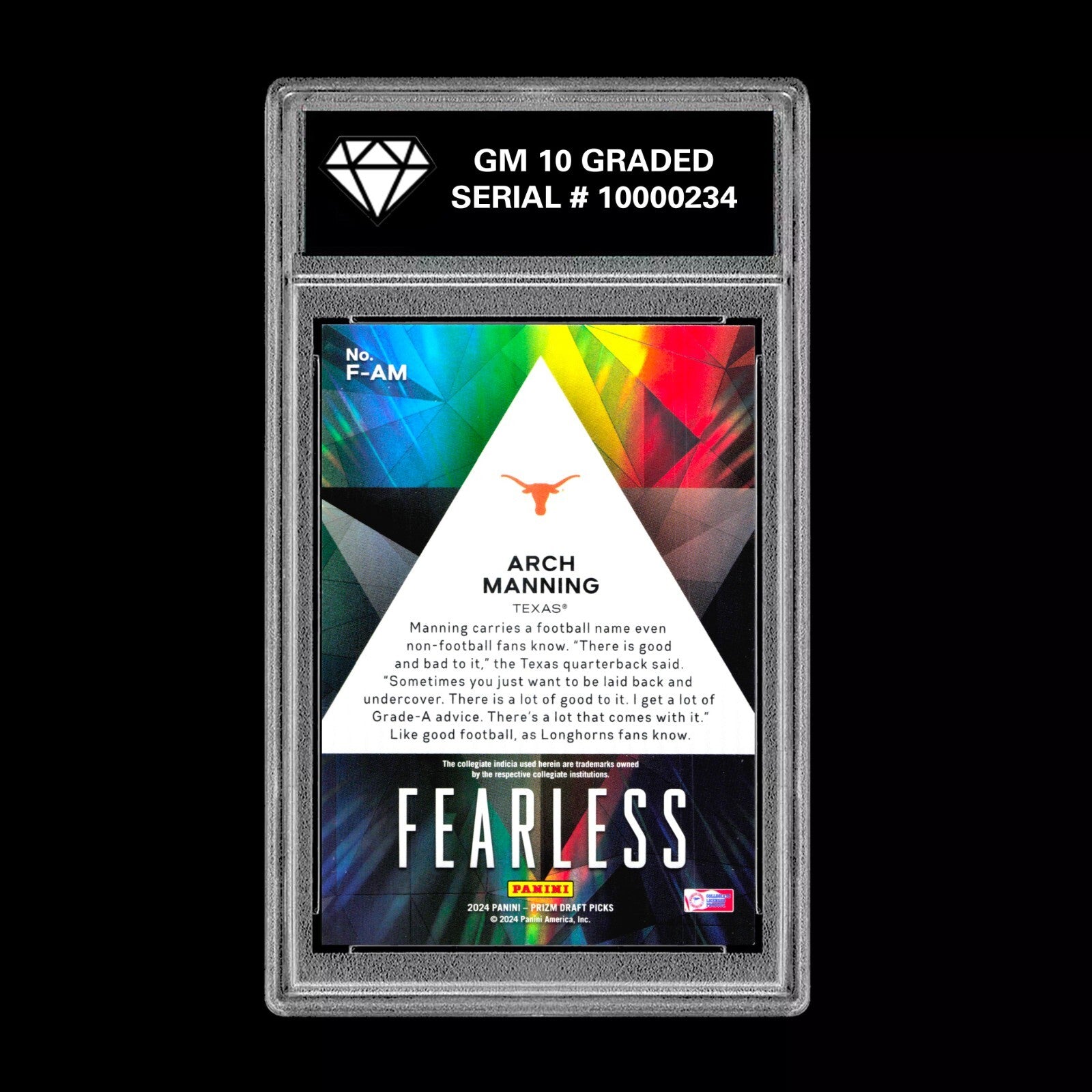 Graded 10 Arch Manning #F-AM Fearless Silver 2024 Panini Prizm Draft RC Rookie