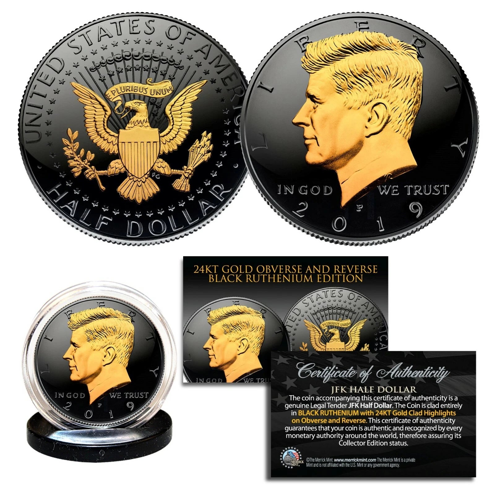 Black RUTHENIUM 2025 JFK Half Dollar U.S. Coin w/ 2-SIDED 24K Gold (Phila MINT)-1