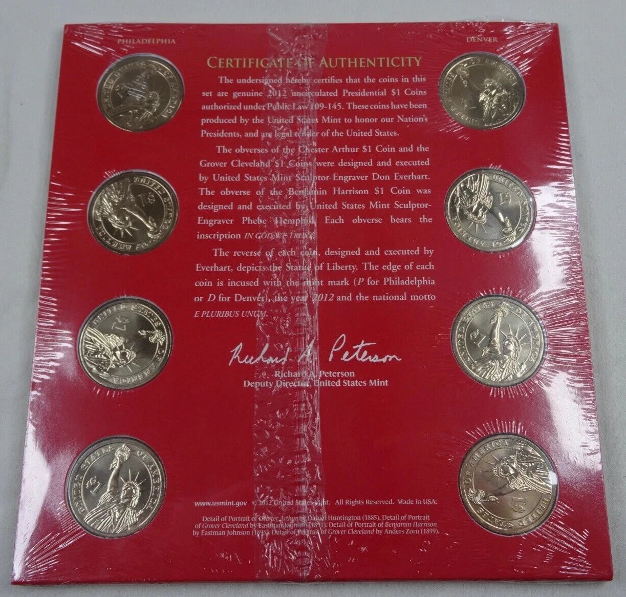 2012 US Presidential Dollar P & D Uncirculated Set 8 Coins US Mint COA ~ Sealed-1