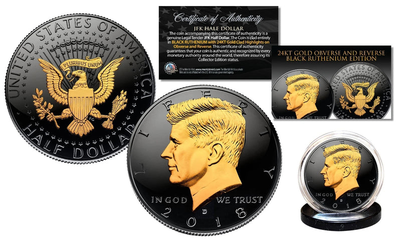 Black RUTHENIUM 2025 JFK Half Dollar U.S. Coin w/ 2-SIDED 24K Gold (Denver MINT)-1