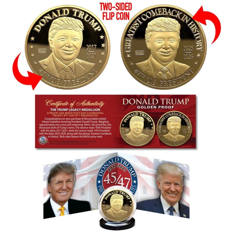 TRUMP 45th 47th President Legacy 1 OZ Golden Tribute Dual Flip Coin BOGO-1