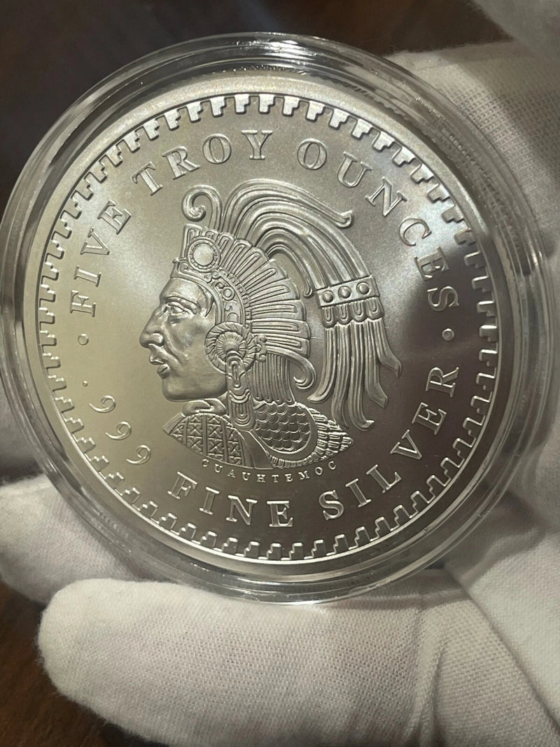 5 oz .999 Fine Silver Aztec Calendar Round with Protective Capsule, Ancient Calendar Design, Tribal Art Silver Medallion, Cultural Heritage Keepsake, Detailed Engraved Finish, Collector Display Piece-1