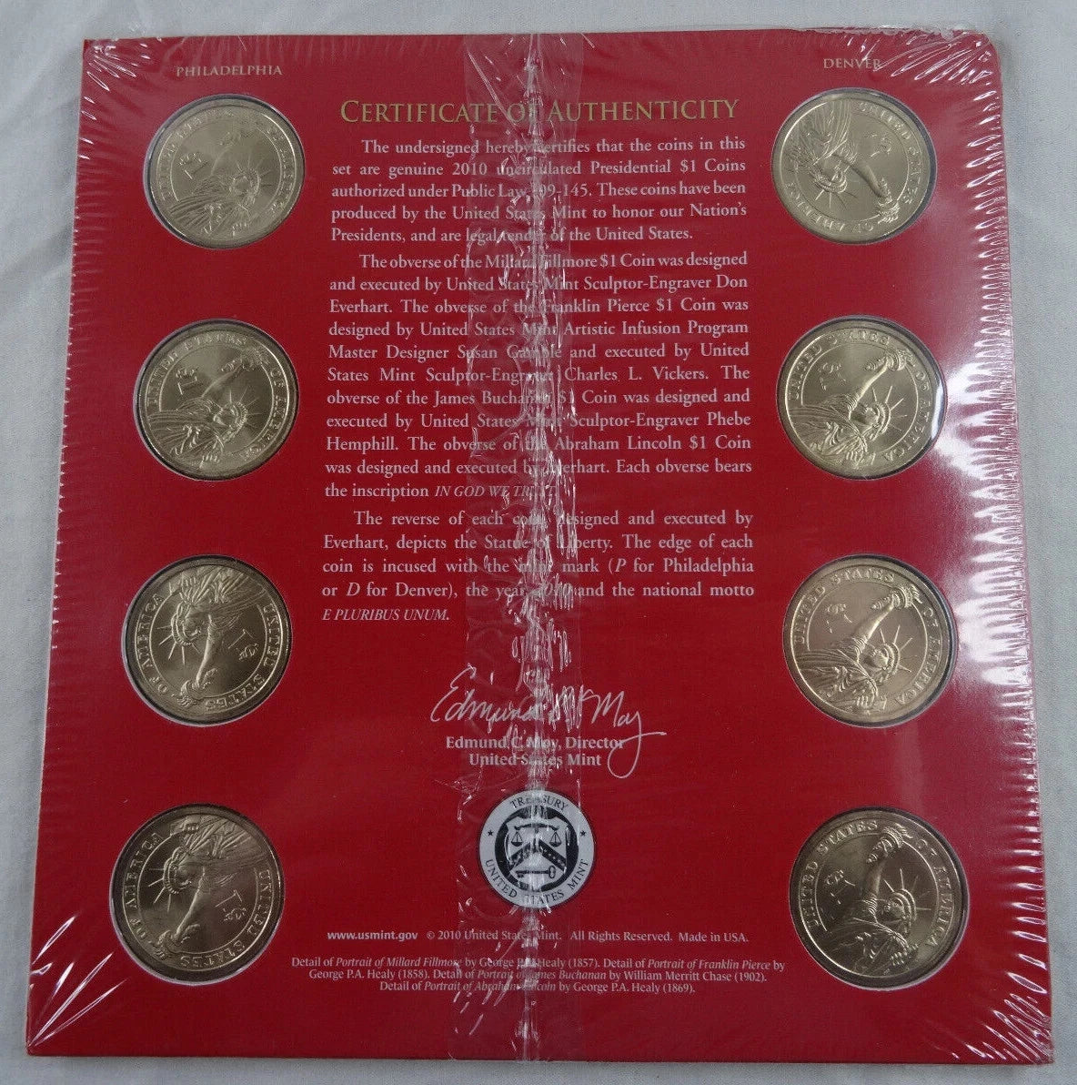 2010 US Presidential Dollar P & D Uncirculated Set 8 Coins US Mint COA ~ Sealed-1