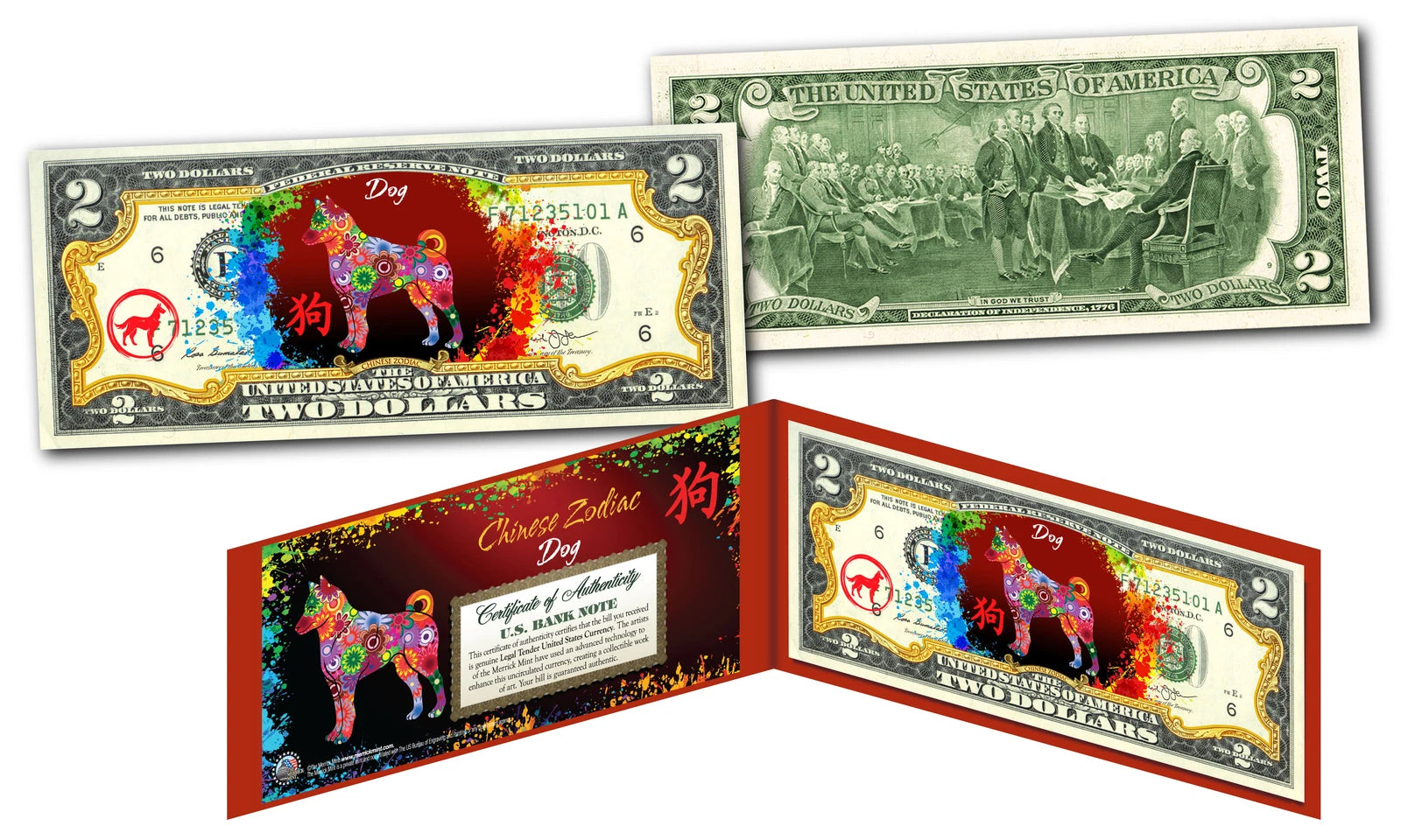Chinese ZODIAC Genuine U.S. $2 Bill Red Polychrome Blast * YEAR of the DOG *-1