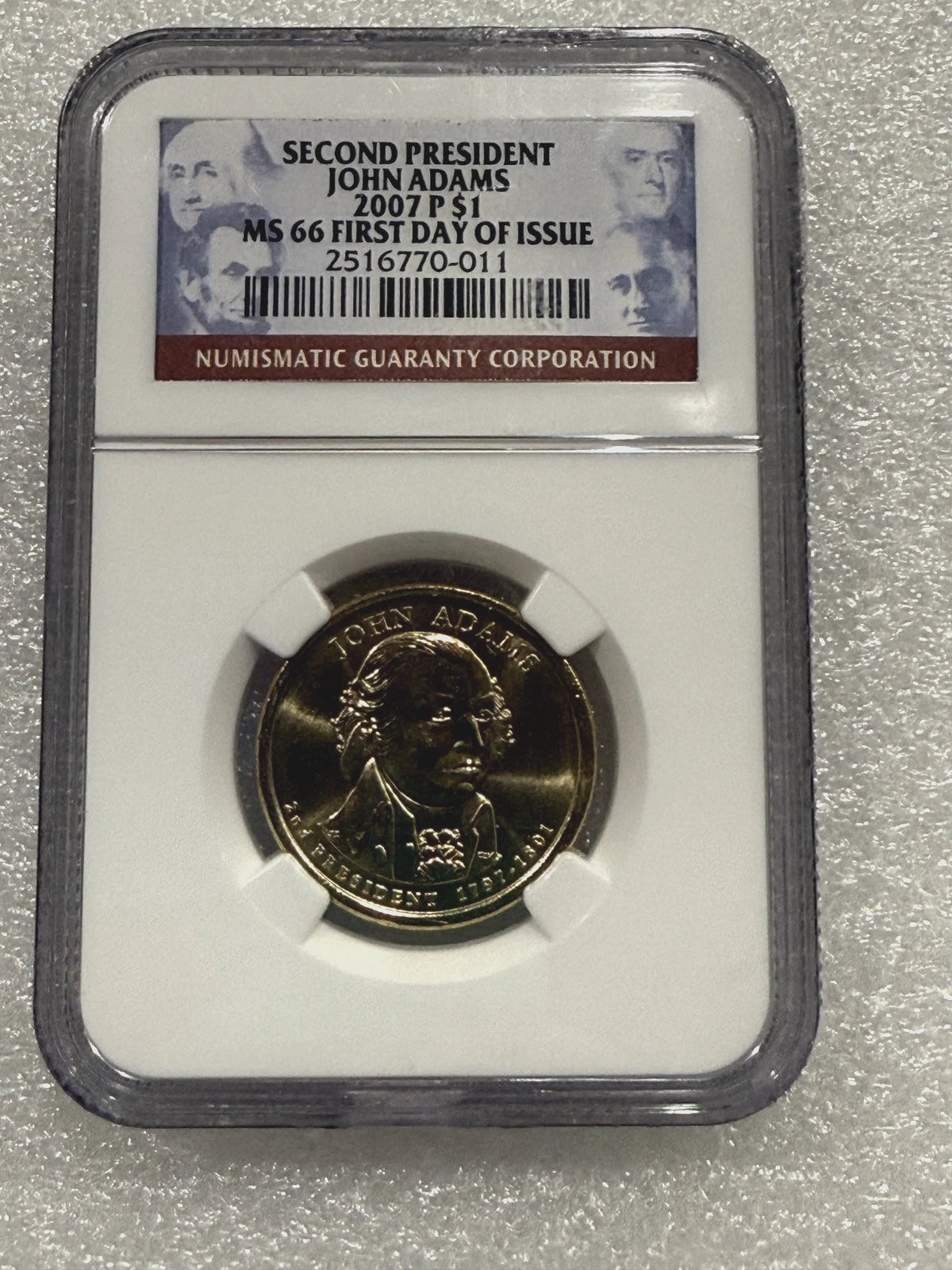 2007 P John Adams President Dollar Coin NGC MS 66 ~ FIRST DAY OF ISSUE