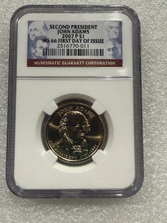 2007 P John Adams President Dollar Coin NGC MS 66 ~ FIRST DAY OF ISSUE-1