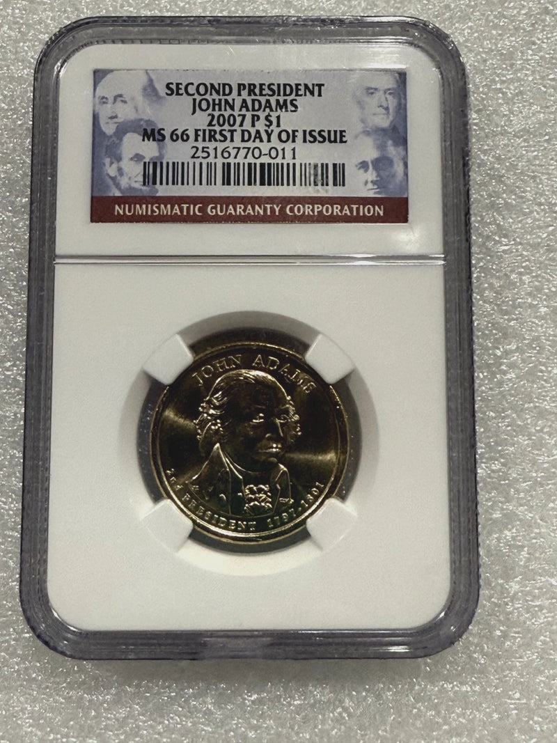 2007 P John Adams President Dollar Coin NGC MS 66 ~ FIRST DAY OF ISSUE-1