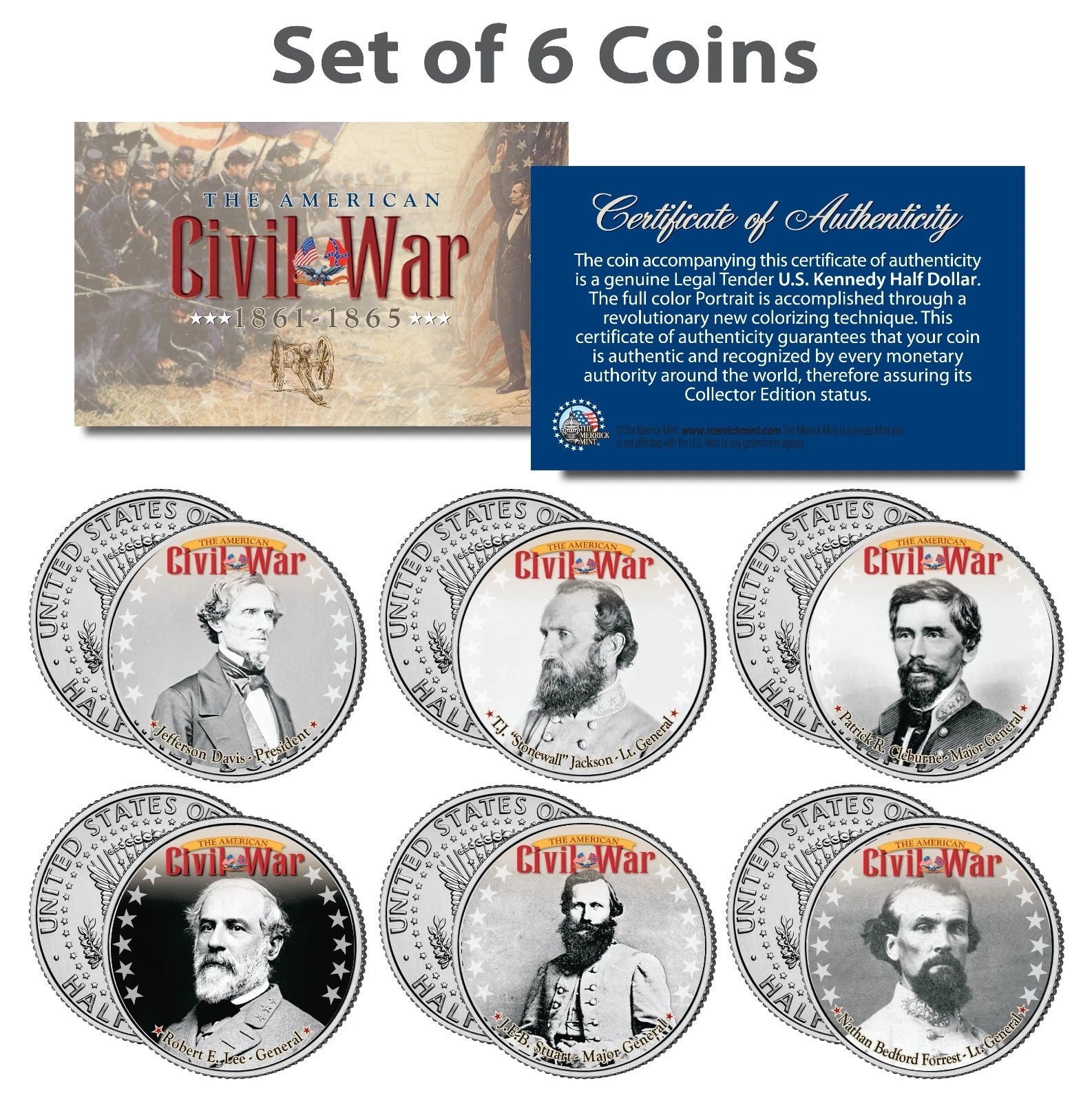 American CIVIL WAR South CONFEDERATE LEADERS Kennedy Half Dollars 6-Coin US Set