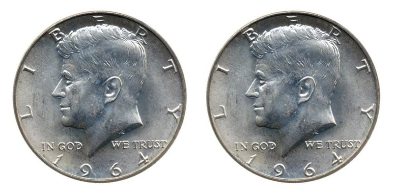 Juego de 2 monedas de medio dólar John F. Kennedy JFK de plata al 90 % de 1964, en muy buen estado de circulación.-1