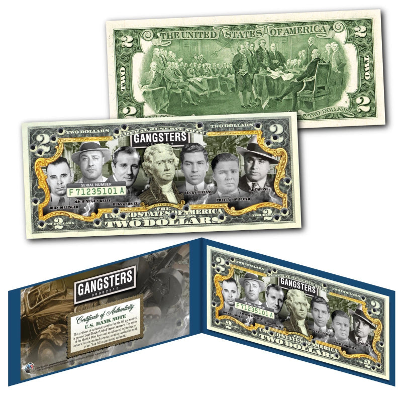 GANGSTERS Genuine U.S. $2 Bill - Luciano, Dillinger, Siegel, MGK, Floyd, Capone-1